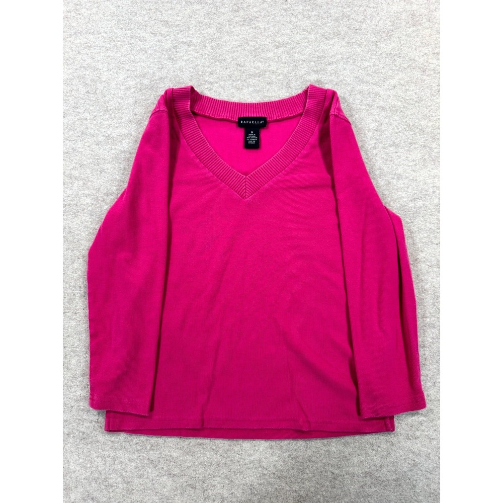 Rafaella Essential Ribbed Sweater Womens Medium Hot Pink Cotton Stretch V Neck